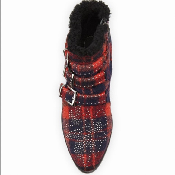 HOST PIC CHLOE SUSANNA WOOL TARTAN AND SHEARLING BOOTS WITH SILVER RIVETS SZ38.5 - Picture 2 of 15